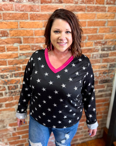 Black/Ivory Star Print Top w/ Pink Trim plus size The Sparkly Pig