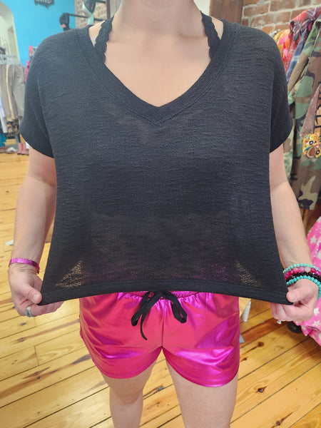 Black V-Neck Drop Shoulder Short Sleeve Crop Top The Sparkly Pig Tops