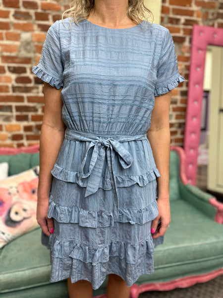 Chambray Textured Woven Tie Waist Tiered Ruffle Dress The Sparkly Pig Dresses