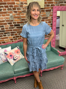 Chambray Textured Woven Tie Waist Tiered Ruffle Dress The Sparkly Pig Dresses