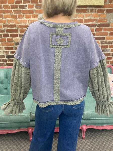 Charcoal Washed Lace Puff Sleeve Top The Sparkly Pig tops