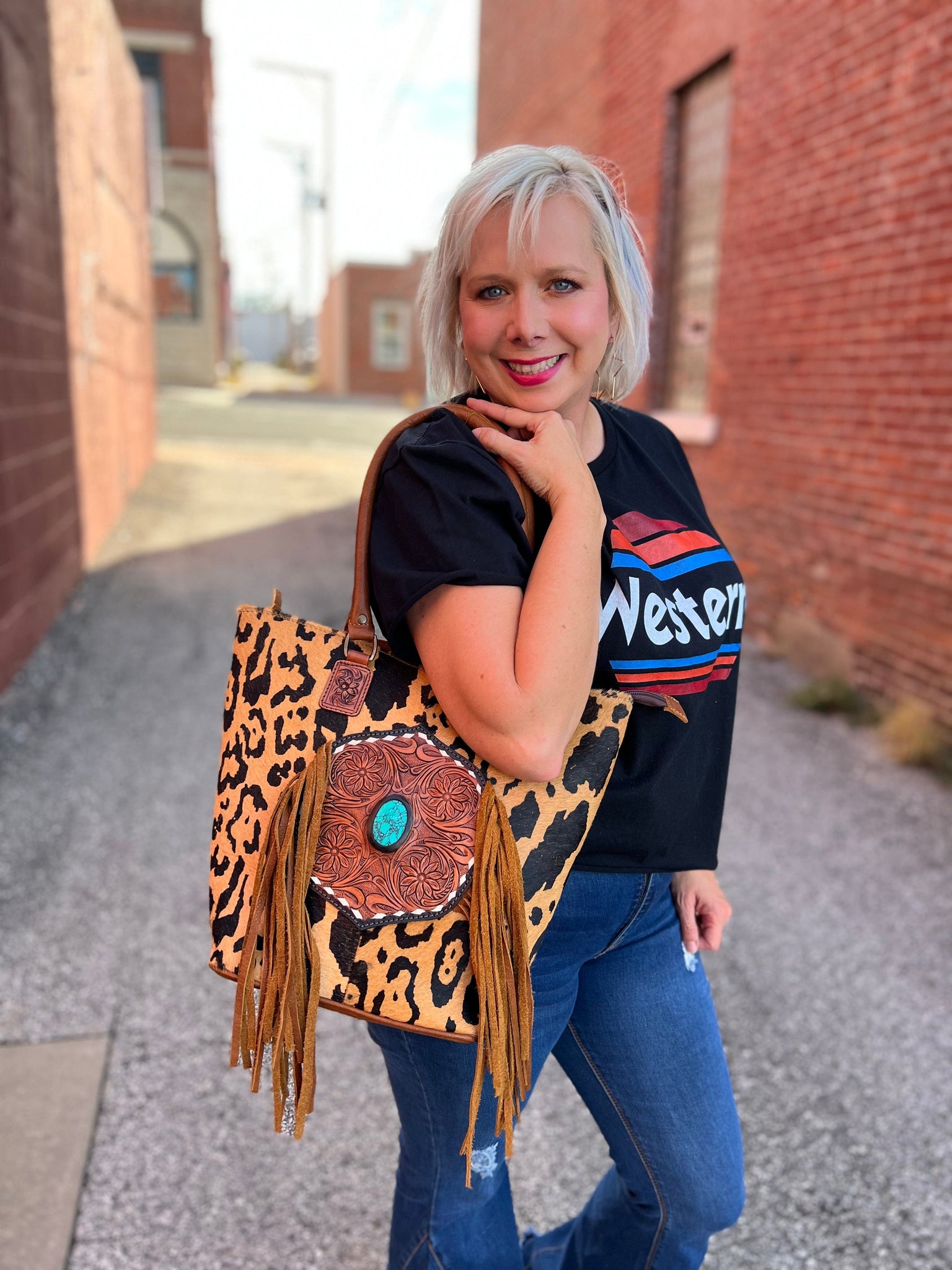 Cheetah Print Hair on Hide Purse with Tooled Leather Patch, Fringe and Turquoise Stone The Sparkly Pig purses