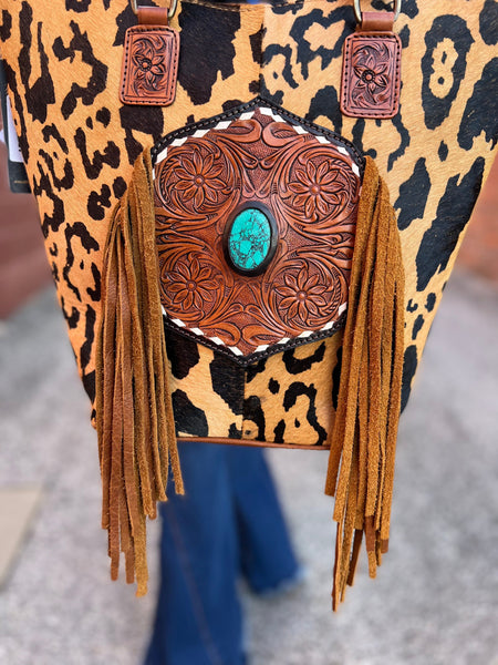 Cheetah Print Hair on Hide Purse with Tooled Leather Patch, Fringe and Turquoise Stone The Sparkly Pig purses