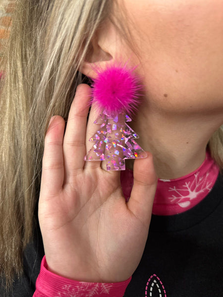 Christmas Tree Earrings w/ Mink Poms The Sparkly Pig Christmas Tree Earrings w/ Mink Poms