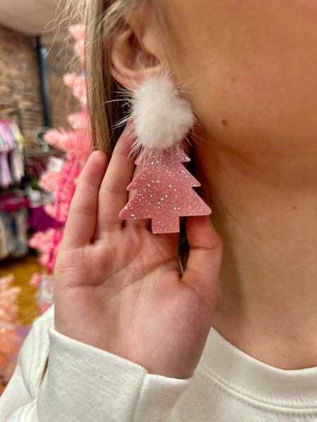 Christmas Tree Earrings w/ Mink Poms The Sparkly Pig Christmas Tree Earrings w/ Mink Poms