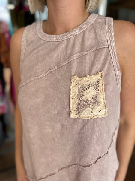 Clay Mineral Wash Lace Pocket Sleeveless Top The Sparkly Pig Tops