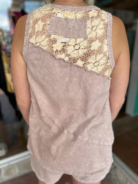 Clay Mineral Wash Lace Pocket Sleeveless Top The Sparkly Pig Tops