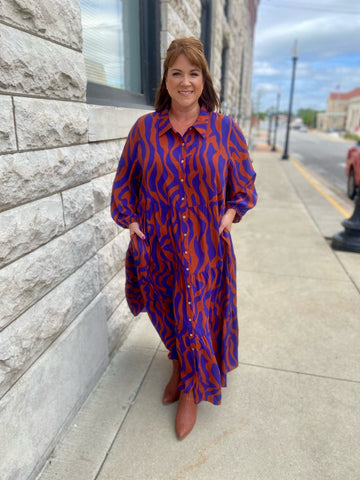 Coffee Blue Long Sleeve Button Down Tiered Dress The Sparkly Pig dress