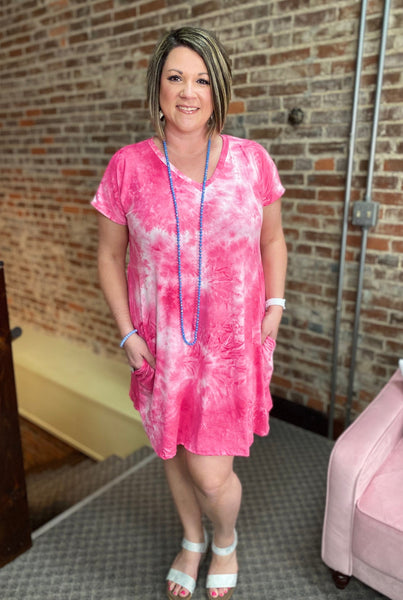 Coral v neck tie dye print dress with pockets plus The Sparkly Pig Dresses