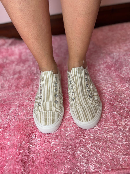 Corkys Babalu Slip on Shoe Tan Stripes The Sparkly Pig Shoes