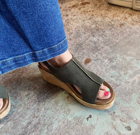 Corkys Carley Khaki Corduroy Wedge The Sparkly Pig Shoes