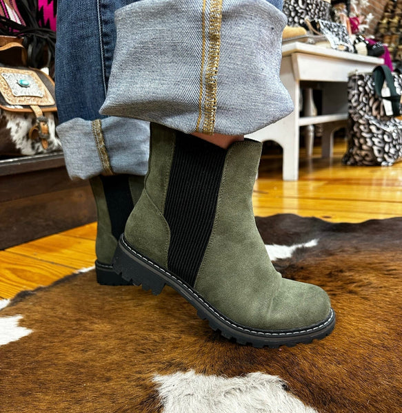 Corkys Howl Boot Dark Green Suede The Sparkly Pig Shoes