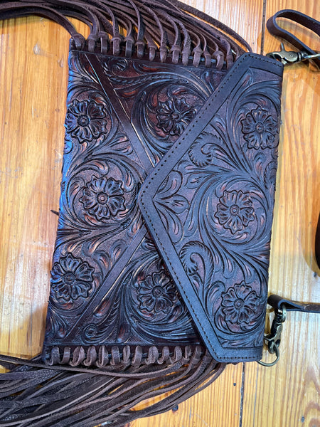 Dark Brown Tooled Leather Fringe Purse The Sparkly Pig purses
