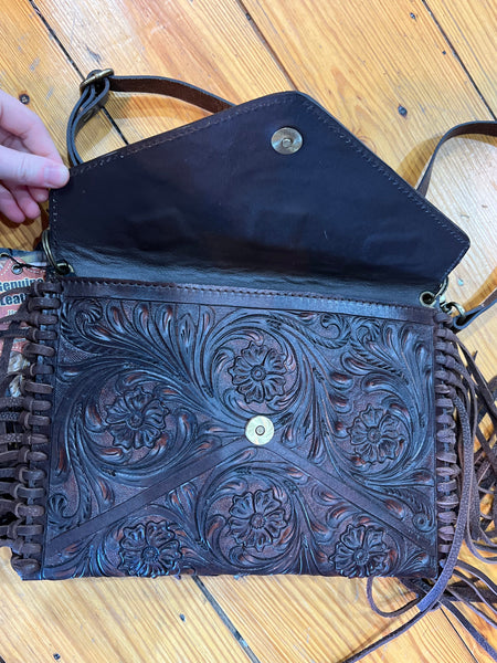 Dark Brown Tooled Leather Fringe Purse The Sparkly Pig purses