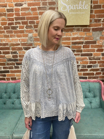 Dusty Blue Washed Eyelet Blouse The Sparkly Pig tops