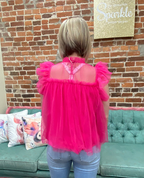 Fuchsia Gathered Layered Mesh Ruffle Sleeve Top The Sparkly Pig Tops