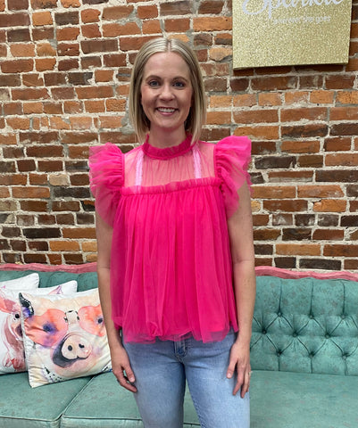 Fuchsia Gathered Layered Mesh Ruffle Sleeve Top The Sparkly Pig Tops