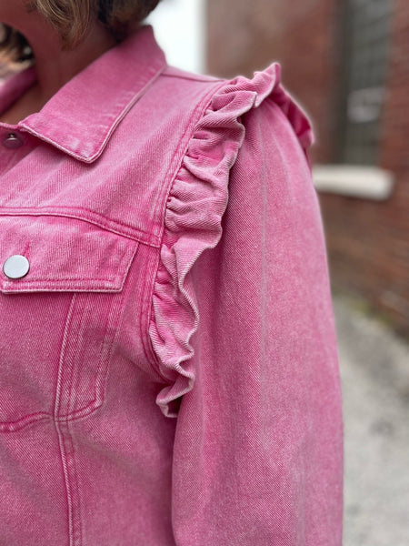 Fuchsia Ruffled Armhole Vintage Washed Denim Jacket The Sparkly Pig Jackets