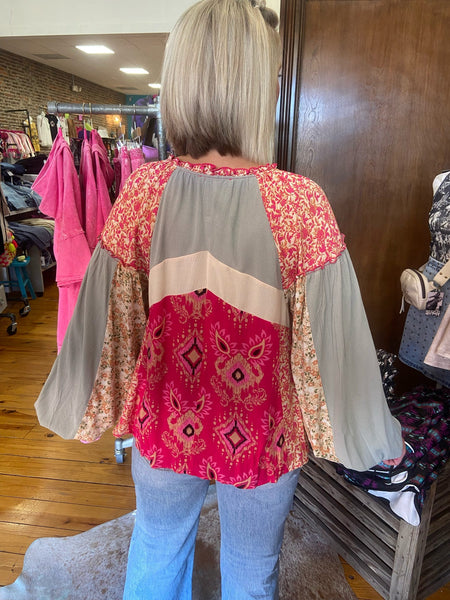 Hot Pink Button Front Print Mixed Blouse The Sparkly Pig tops