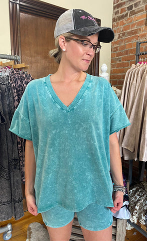 Jade Cream Mineral Wash V-Neck Basic Tee Plus Size The Sparkly Pig tops