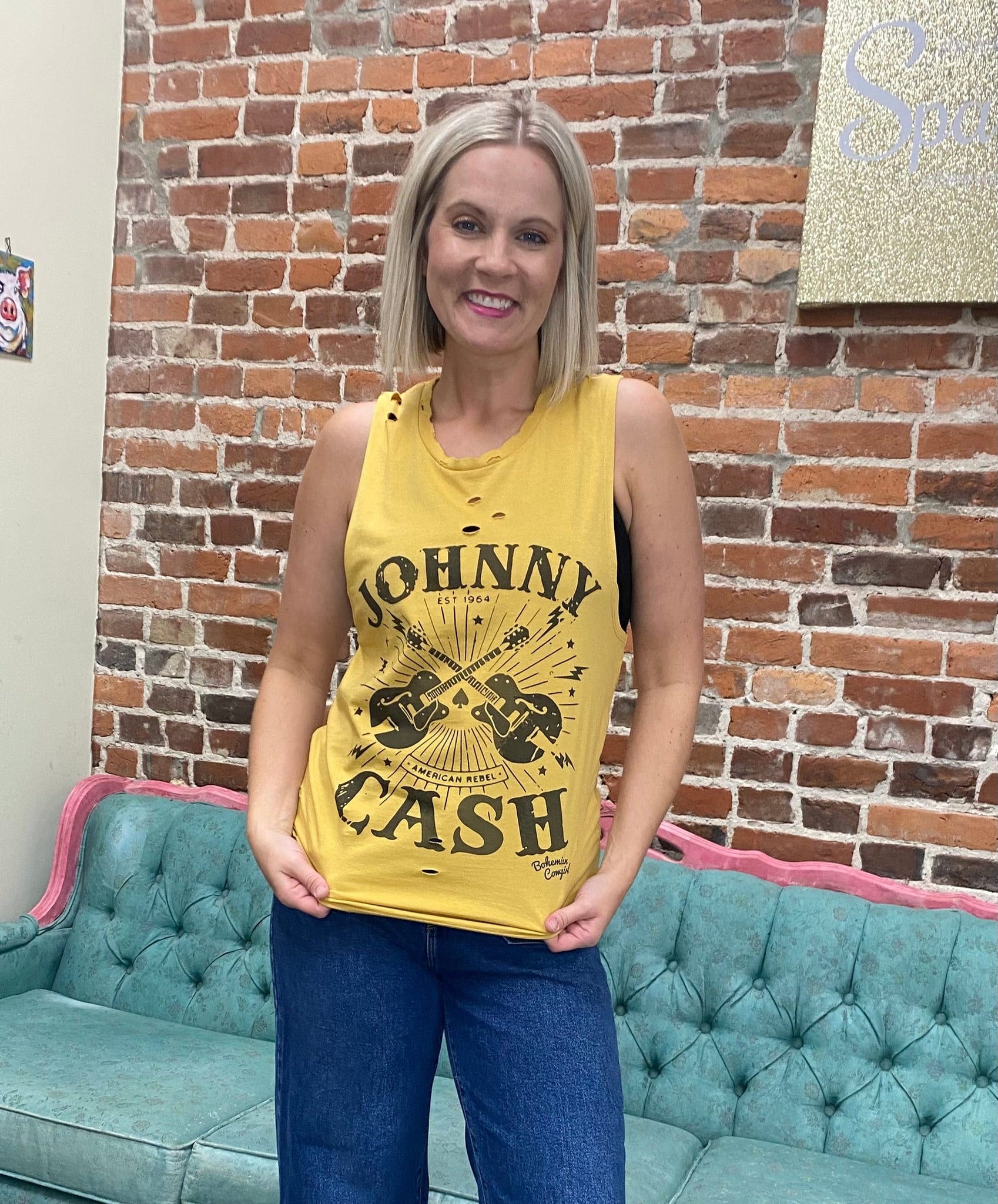 Johnny Guitars Mustard Tank Destroyed The Sparkly Pig tank tops