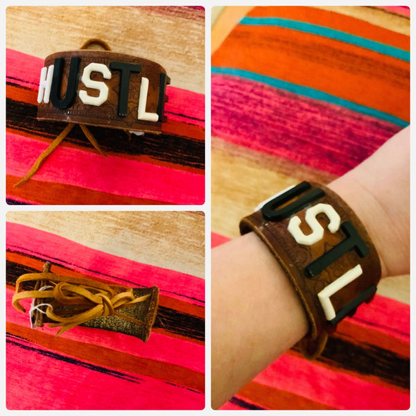 Leather cuff with large letter sayings The Sparkly Pig jewelry