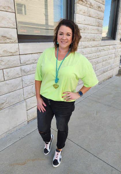 Lime Short Sleeve V Neck Mineral Wash Top The Sparkly Pig Tops