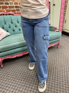 Medium Denim Flatter Mid Rise Wide Leg Cargo Jeans The Sparkly Pig Jeans