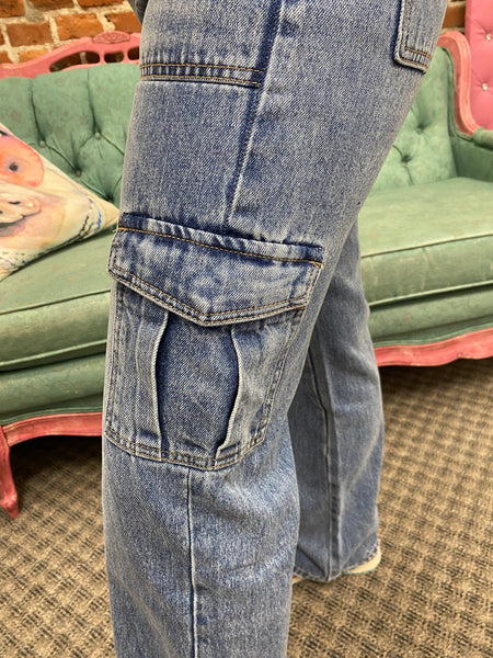 Medium Denim Flatter Mid Rise Wide Leg Cargo Jeans The Sparkly Pig Jeans