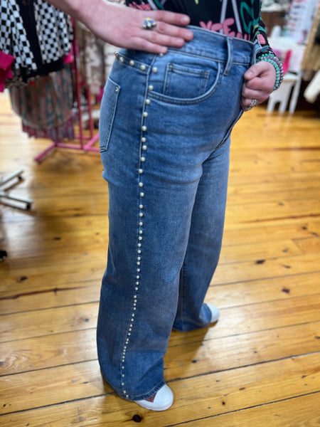 Medium Stone Pearl Stud High Rise Wide Leg Jeans The Sparkly Pig Jeans