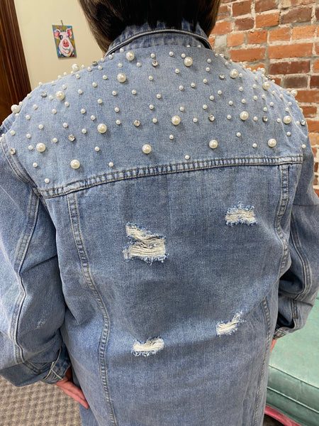 Medium Wash Plus Size Pearl & Rhinestone Distressed Long Denim Jacket The Sparkly Pig Jackets