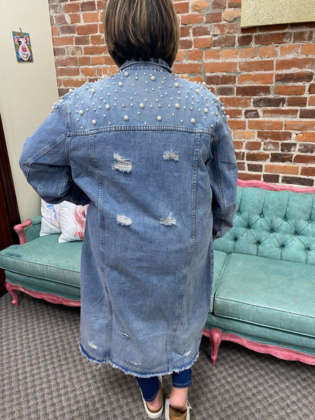Medium Wash Plus Size Pearl & Rhinestone Distressed Long Denim Jacket The Sparkly Pig Jackets