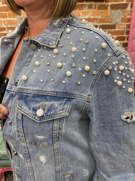 Medium Wash Plus Size Pearl & Rhinestone Distressed Long Denim Jacket The Sparkly Pig Jackets