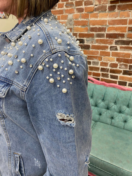 Medium Wash Plus Size Pearl & Rhinestone Distressed Long Denim Jacket The Sparkly Pig Jackets