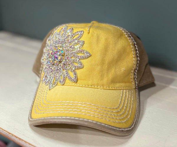 Mustard/Cinder Glass Silver AB Crystal Flower Two Tone Ball Cap The Sparkly Pig Hats