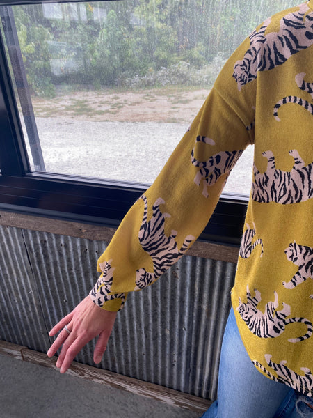 Mustard Tiger Printed Mire Brush Knit Pullover Top The Sparkly Pig Tops