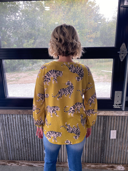 Mustard Tiger Printed Mire Brush Knit Pullover Top The Sparkly Pig Tops