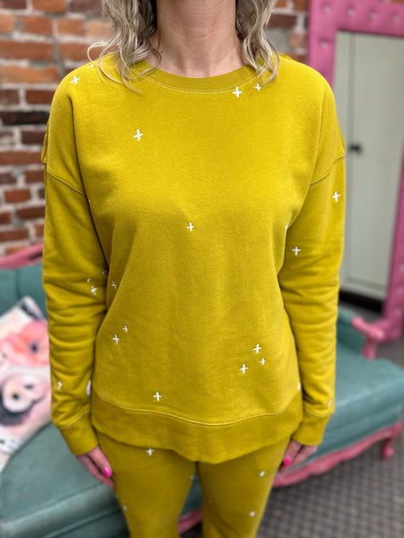 Mustard w/ Stars Soft Embroidery Side Slit Sweatshirt The Sparkly Pig Tops
