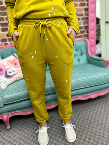 Mustard w/ Stars Soft Embroidery Sweatpants The Sparkly Pig pants