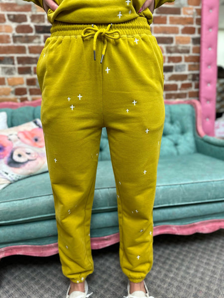 Mustard w/ Stars Soft Embroidery Sweatpants The Sparkly Pig pants