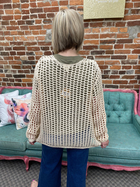 Oatmeal Net crochet Open Front Cover Up Cardigan The Sparkly Pig cardigans