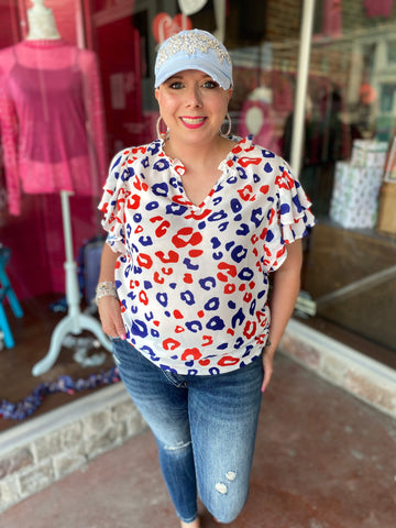 Off White/Red/Navy Multi Color Leopard Woven Ruffled Sleeves V Neck Top The Sparkly Pig Tops
