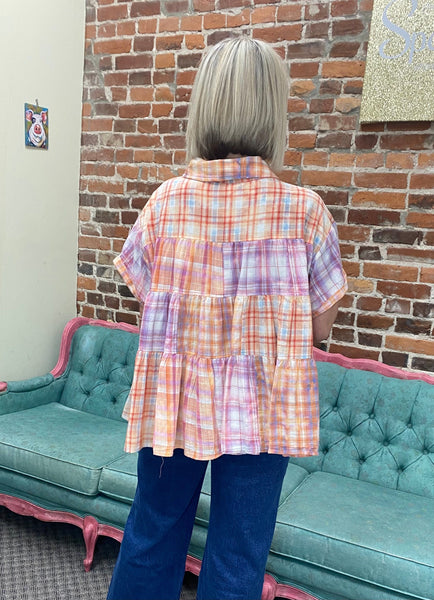 Orange Combo Bleached Plaid Shirt The Sparkly Pig tops