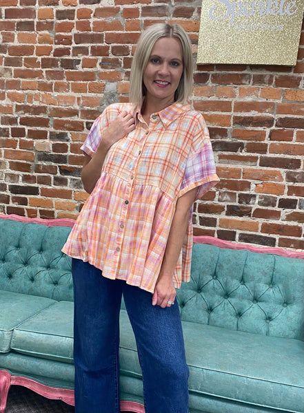 Orange Combo Bleached Plaid Shirt The Sparkly Pig tops