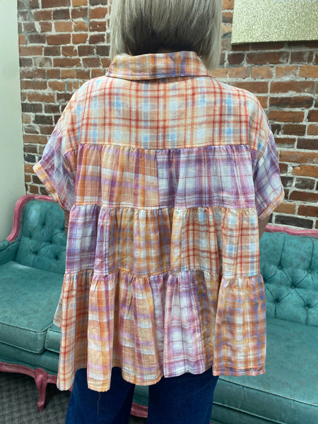 Orange Combo Bleached Plaid Shirt The Sparkly Pig tops