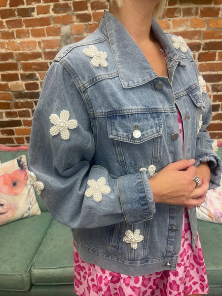 Pearl Flower Patches Washed Denim Jacket The Sparkly Pig Jackets