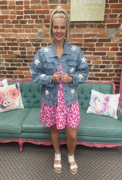 Pearl Flower Patches Washed Denim Jacket The Sparkly Pig Jackets