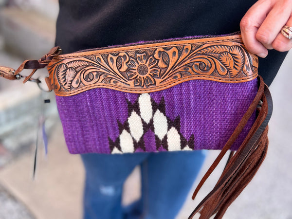Purple Saddle Blanket with Tooled Leather Wristlet The Sparkly Pig purses
