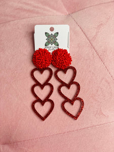 Red Glitter Triple Heart earrings The Sparkly Pig jewelry