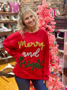 Red Merry & Bright Tinsel Metallic Letter Christmas Pullover The Sparkly Pig Tops